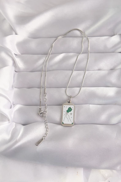 316L Çelik Gümüş Renk Beyaz Mineli Tarot Kolye - TJ-BKO9048 - Resim 2
