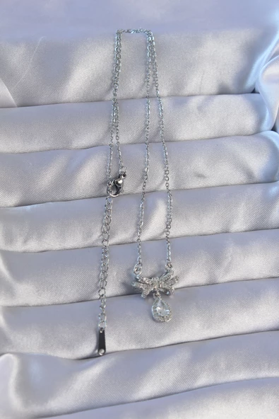 316L Çelik Zincirli Gümüş Renk Zirkon Taşlı Damla Detay Fiyonk Model Kolye - TJ-BKO8897 - Resim 2