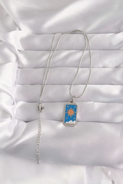 316L Çelik Gümüş Renk Mavi Mineli Güneş Model Tarot Kolye - TJ-BKO9042 - Resim 2