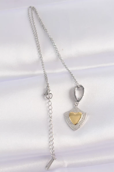 316L Çelik Zincir Gümüş Renk Zirkon Taşlı Tasarım Altın Renk Kalp Kolye - TJ-BKO8661 - Resim 2