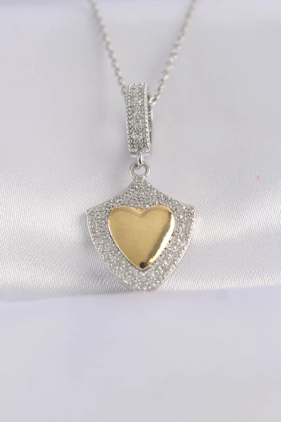 316L Çelik Zincir Gümüş Renk Zirkon Taşlı Tasarım Altın Renk Kalp Kolye - TJ-BKO8661 ürün görseli