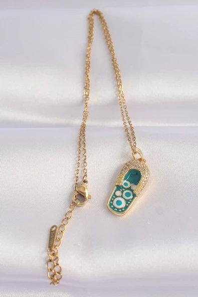 316L Çelik Zincir Zirkon Taşlı Altın Renk Nazarlı Terlik Tasarımlı Kolye - TJ-BKO8664 - Resim 2