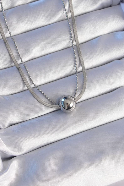 316L Çelik Çift Zincirli Gümüş Renk Topçuk İtalyan Model Kolye - TJ-BKO8877 ürün görseli