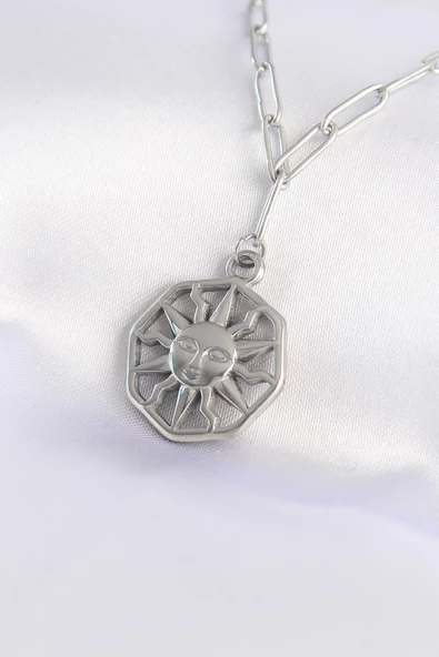316L Çelik Zincir Gümüş Renk Güneş Kolye - TJ-BKO8645 ürün görseli