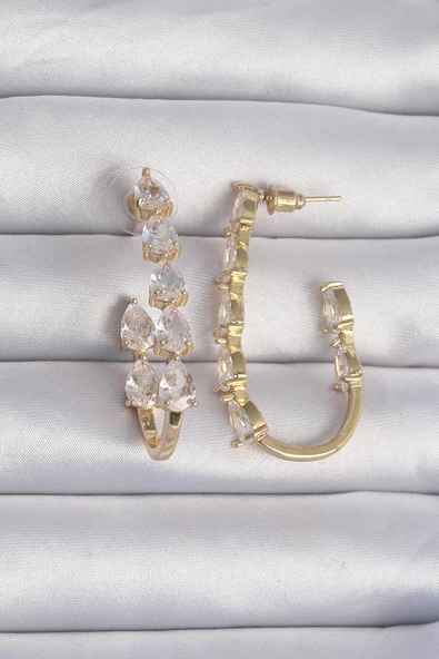 Pirinç Gold Renk Damla Zirkon Taş Tasarımlı Küpe - TJ-BKP9198 ürün görseli