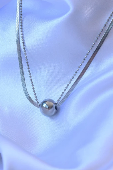 316L Çelik Çift Zincirli Gümüş Renk Topçuk İtalyan Model Kolye - TJ-BKO8877 - Resim 2