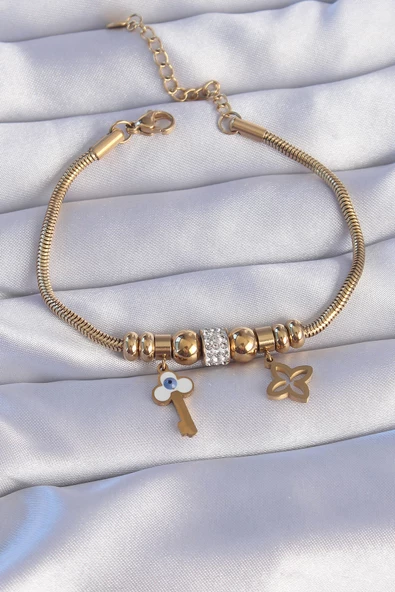 316L Çelik Gold Renk Zirkon Taşlı Yonca Detay Nazarlı Anahtar Tasarımlı Bileklik - TJ-BB6203 ürün görseli