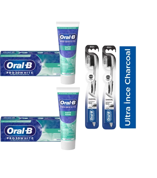 Oral-B Pro 3d White Hafif Nane Diş Macunu 75 Ml + Oral-B Pro Health Kömürlü Diş Fırçası 2 + 2 Adet