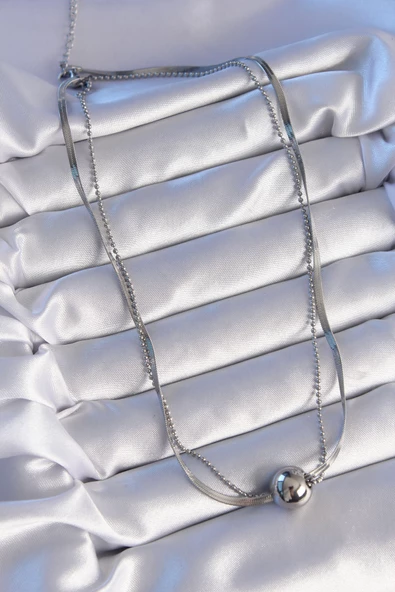 316L Çelik Çift Zincirli Gümüş Renk Topçuk İtalyan Model Kolye - TJ-BKO8877 - Resim 3