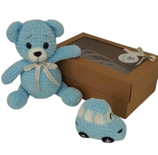 Maviş Ayıcık ve Arabası Amigurumi Organik Oyuncak Hediye Seti - 1