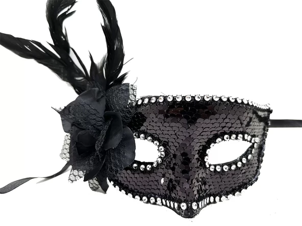 Siyah Renk Yandan Tüylü Güllü Gümüş Taşlı Pullu Maske 20x22 Cm - 2