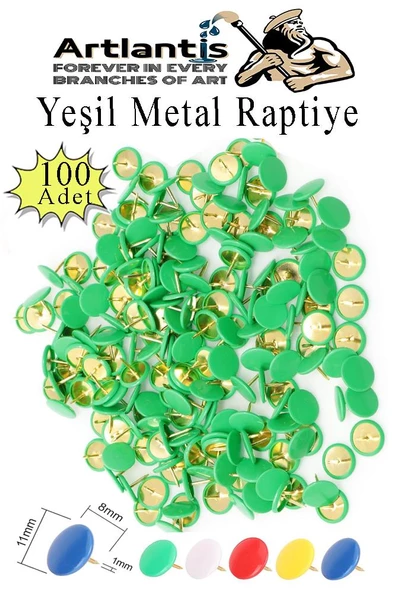 Yeşil Raptiye 100 Adet 1 Paket Renkli Pvc Kaplı Başlıklı Raptiye Plastik Yuvarlak Düğmeli Raptiye Pano Okul Ofis Büro