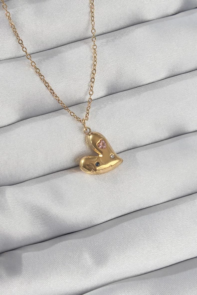 316L Çelik Zincir Gold Renk Renkli Zirkon Taşlı Kalp Kolye - TJ-BKO8905 ürün görseli
