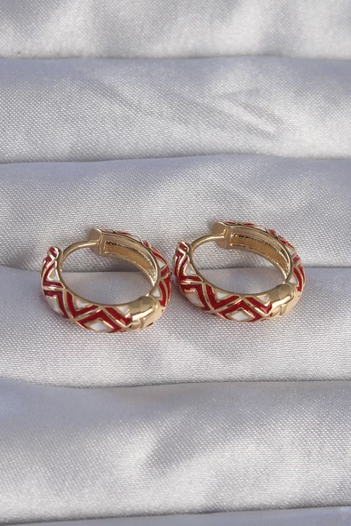 Pirinç Gold Renk Kırmızı Etnik Desenli Halka Küpe - TJ-BKP9074 - Resim 2