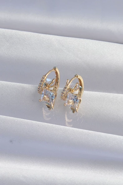 Pirinç Gold Renk İri Zirkon Taşlı Kıvrımlı Minimal Kelebekli Halka Küpe - TJ-BKP9289 - Resim 3