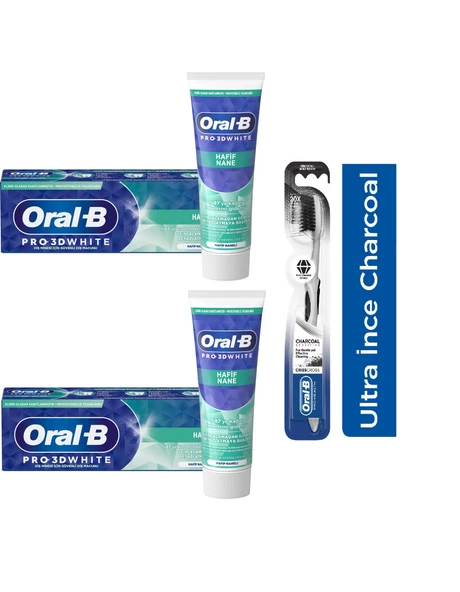 Oral-B Pro 3d White Hafif Nane Diş Macunu 75 Ml + Oral-B Pro Health Kömürlü Diş Fırçası 2 + 1 Adet