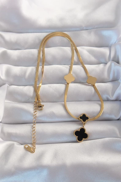 316L Çelik Gold Renk İtalyan Zincirli Mineli Yonca Kolye - TJ-BKO8969 - Resim 2