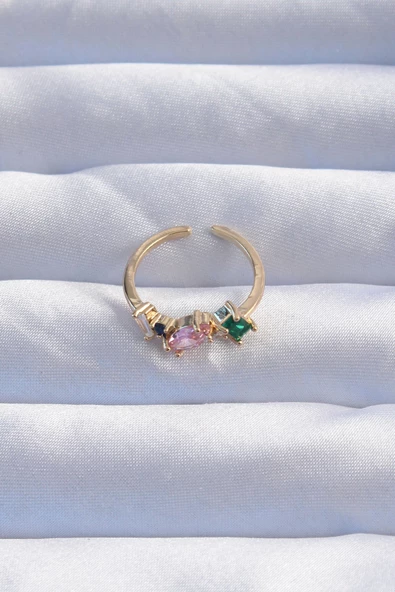 Pirinç Gold Renk Renkli Zirkon Taşlı Ayarlanabilir Yüzük - TJ-BYK3237 - Resim 2