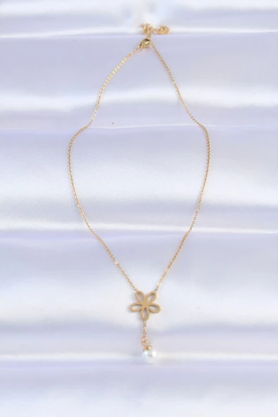 316L Çelik Zincir Gold Renk İnci Detay Çiçek Kolye - TJ-BKO8730 - Resim 2