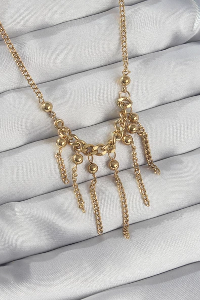 316L Çelik Zincir Gold Renk Topçuk Detay Sallantılı Zincir Kolye - TJ-BKO8911 ürün görseli