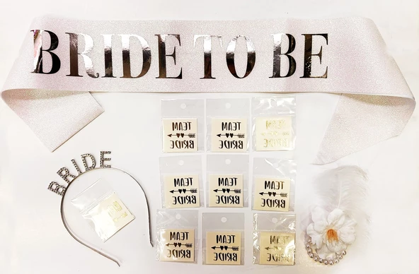 Gümüş Renk Bride Partisi Taç Kuşak Dövme Bileklik Seti Full 13 Parça - Resim 1