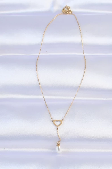 316L Çelik Zincir Gold Renk İnci Taş Detay Kalp Kolye - TJ-BKO8731 - Resim 2