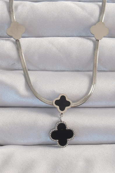 316L Çelik Gümüş Renk İtalyan Zincirli Mineli Yonca Kolye - TJ-BKO8970 ürün görseli