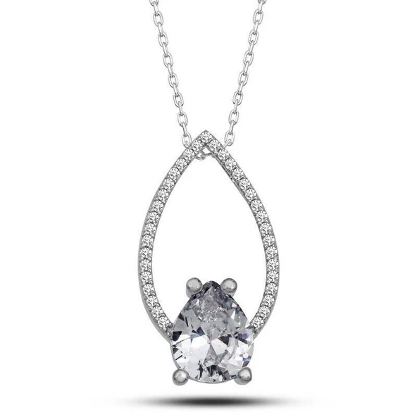 925 Ayar Gümüş Beyaz Taşlı Damla Kadın Gümüş Kolye - Resim 2