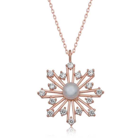 925 Ayar Gümüş Rose İncili Kar Tanesi Kadın Gümüş Kolye - 2