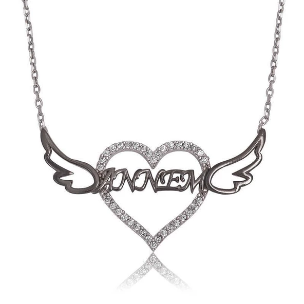 925 Ayar Gümüş Annem Yazılı Kalp Kadın Gümüş Kolye ürün görseli 1