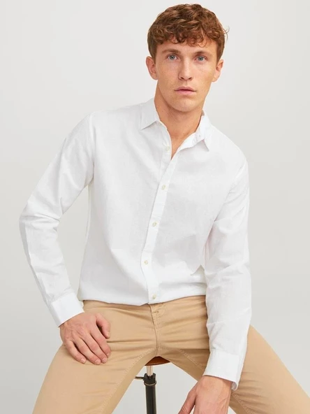 JJESUMMER LINEN BLEND SHIRT LS SN White White M - Resim 5