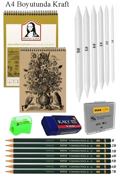A4 Kraft Eskiz Defteri Spiralli 50 Yaprak Karakalem Çizim Seti Gölgelendirme Kalemi Hamur Silgi Fatih Dereceli Kalem Hob