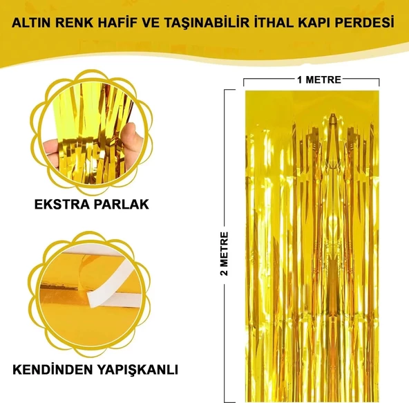 Altın Gold Renk Ekstra Metalize Parlak Saçaklı Arka Fon Perde İthal A Kalite 1x2 Metre