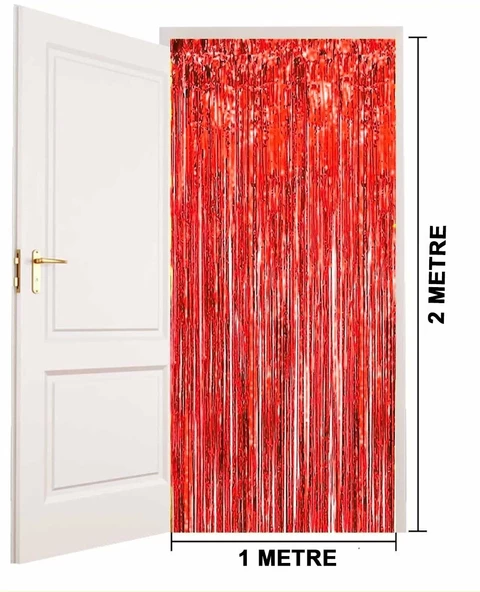 Kırmızı Renk Ekstra Metalize Parlak Saçaklı Arka Fon Perde İthal A Kalite 1x2 Metre - 3
