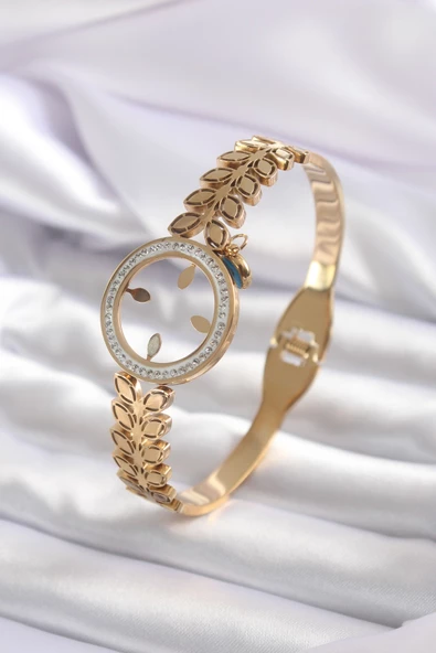 316L Çelik Gold Renk Çeyrek Takılabilen Zirkon Taş Detay Kadın Kelepçe - TJ-BB5548 ürün görseli