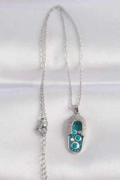 316L Çelik Zincir Zirkon Taşlı Gümüş Renk Nazarlı Terlik Tasarımlı Kolye - TJ-BKO8665 - Resim 2