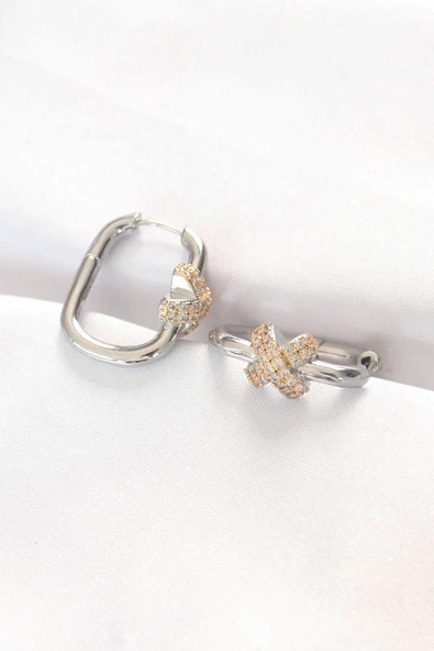 Pirinç Çift Renk Taşlı X Tasarımlı Dikdörtgen Küpe - TJ-BKP8891 ürün görseli