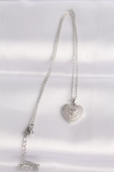 316L Çelik Zincir Gümüş Renk Zirkon Taşlı Kalp Kolye - TJ-BKO8623 - Resim 2