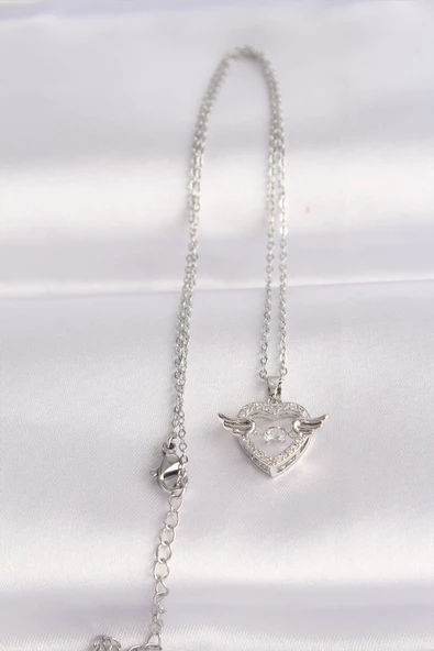 316L Çelik Zincir Gümüş Renk Zirkon Taşlı Kanatlı Kalp Kolye - TJ-BKO8627 - Resim 2