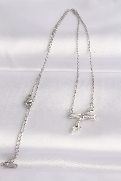 316L Çelik Zincir Gümüş Renk Zirkon Taşlı Kalp Detay Fiyonk Kolye - TJ-BKO8621 - Resim 2