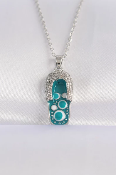 316L Çelik Zincir Zirkon Taşlı Gümüş Renk Nazarlı Terlik Tasarımlı Kolye - TJ-BKO8665 ürün görseli