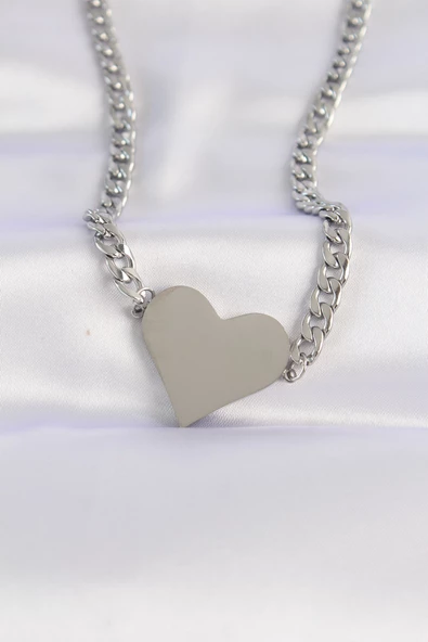 316L Çelik Zincir Gümüş Renk Düz Plaka Kalp Kolye - TJ-BKO8643 ürün görseli