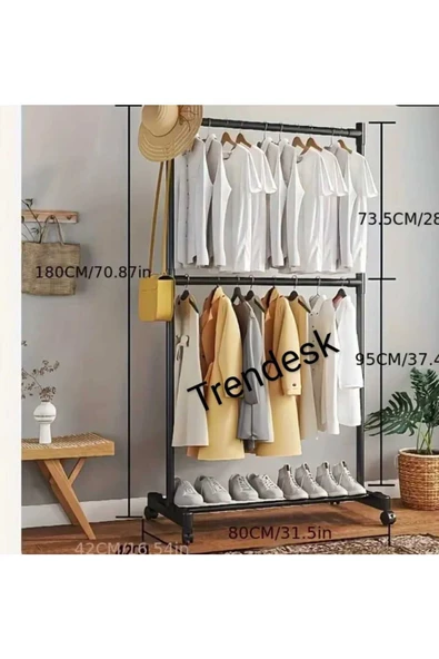 TRENDESK Metal Beyaz Çift Askılı Elbise Askılığı Konfeksiyon Askılık Tekerlekli 6010 - 4