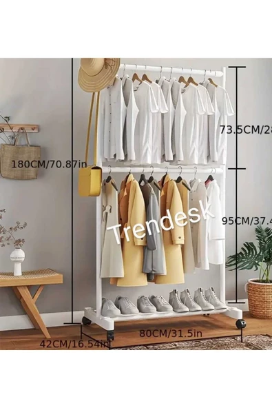 TRENDESK Metal Beyaz Çift Askılı Elbise Askılığı Konfeksiyon Askılık Tekerlekli 6010 - 3