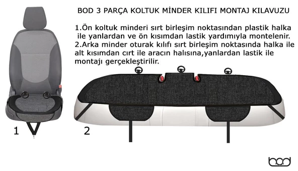 Bod Oto Koltuk Koruma Kılıfı Artemis Serisi Ön Arka 3 lü Minder Seti Siyah - 8
