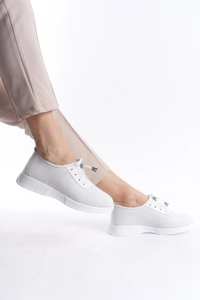 Kadın Hakiki Deri Rahat Taban Akıllı Bağcıklı Günlük Beyaz Spor Ayakkabı Sneaker - 2