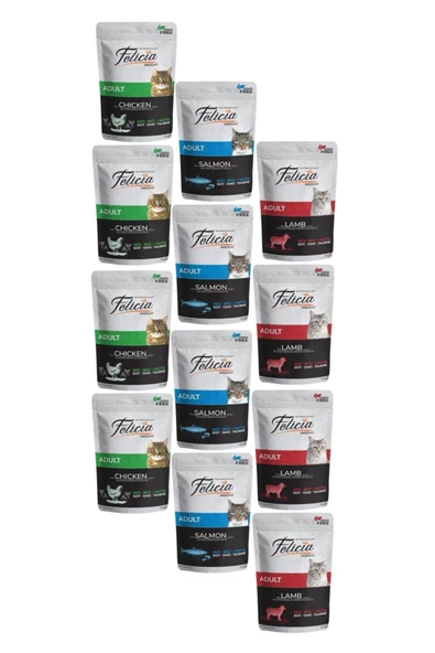 Tahılsız Yetişkin Yaş Kedi Maması 85 Gr Karışık Paket Somon-kuzu-tavuk (12 Adet)