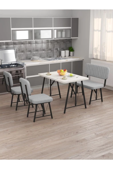 ARJETA Hayat 2 Sandalyeli 1 Bench Mutfak Masa Takımı BEYAZ - Resim 2