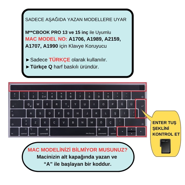 Macbook Pro Klavye Koruyucu Türkçe Q A1706 A1989 A2159 A1707 A1990 ile Uyumlu Dazzle - 2