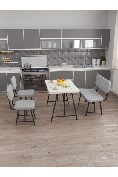 ARJETA Hayat 2 Sandalyeli 1 Bench Mutfak Masa Takımı BEYAZ - Resim 3